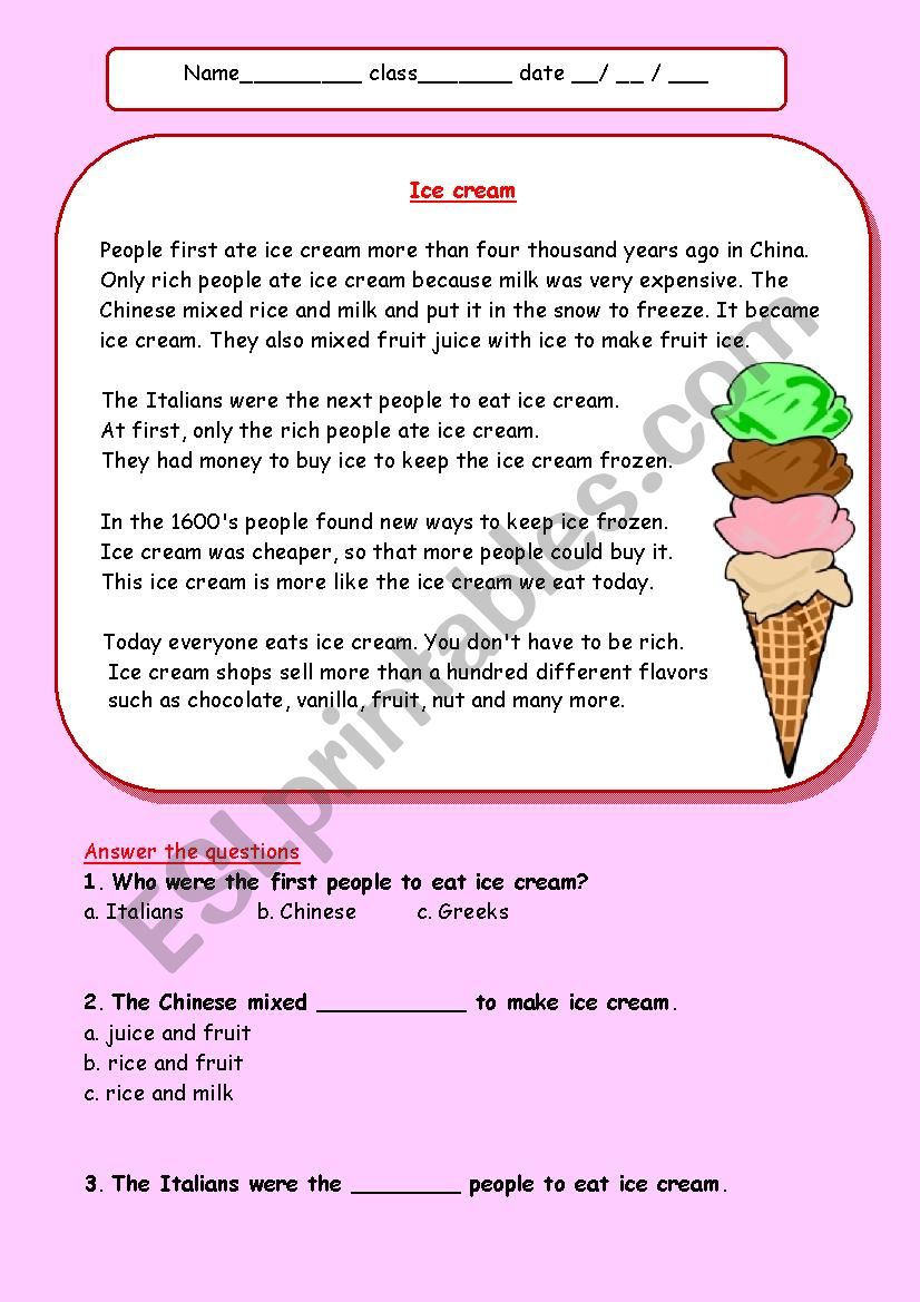 Ice cream worksheet