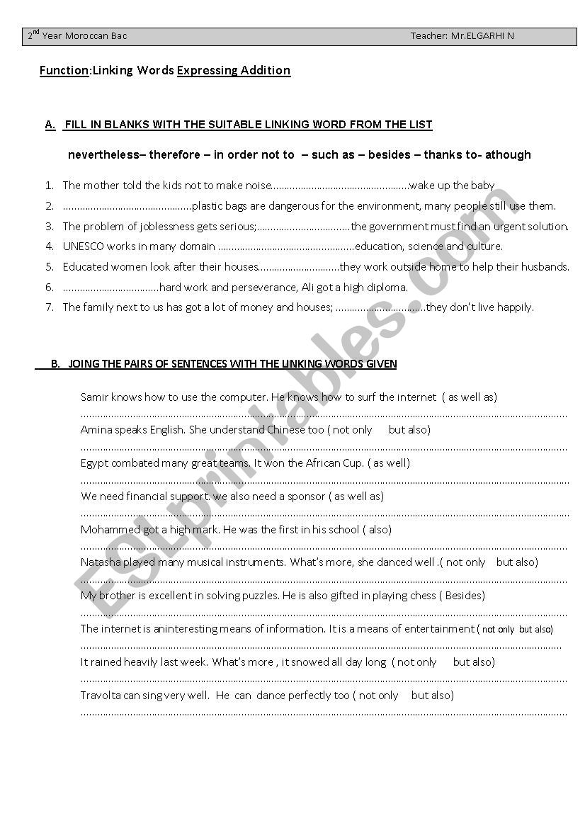 Linking words activity worksheet