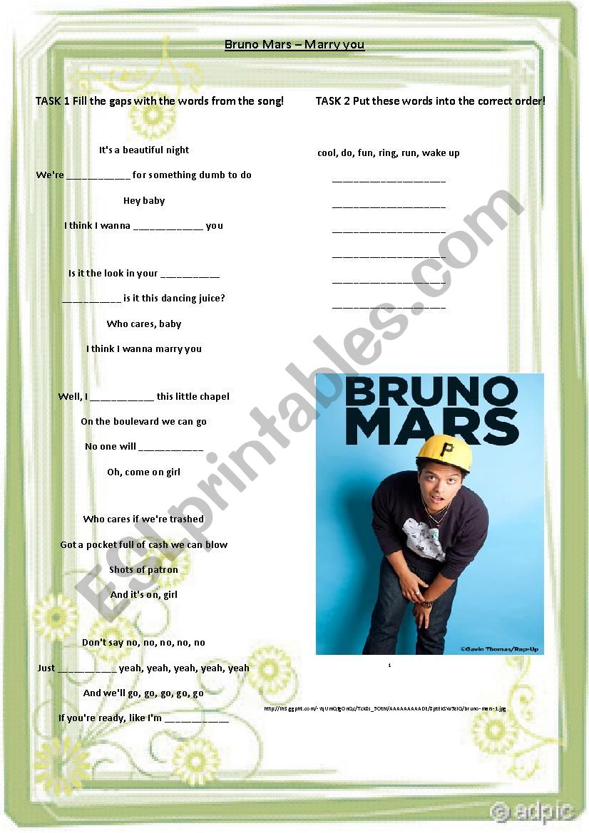 Bruno Mars - Marry you worksheet