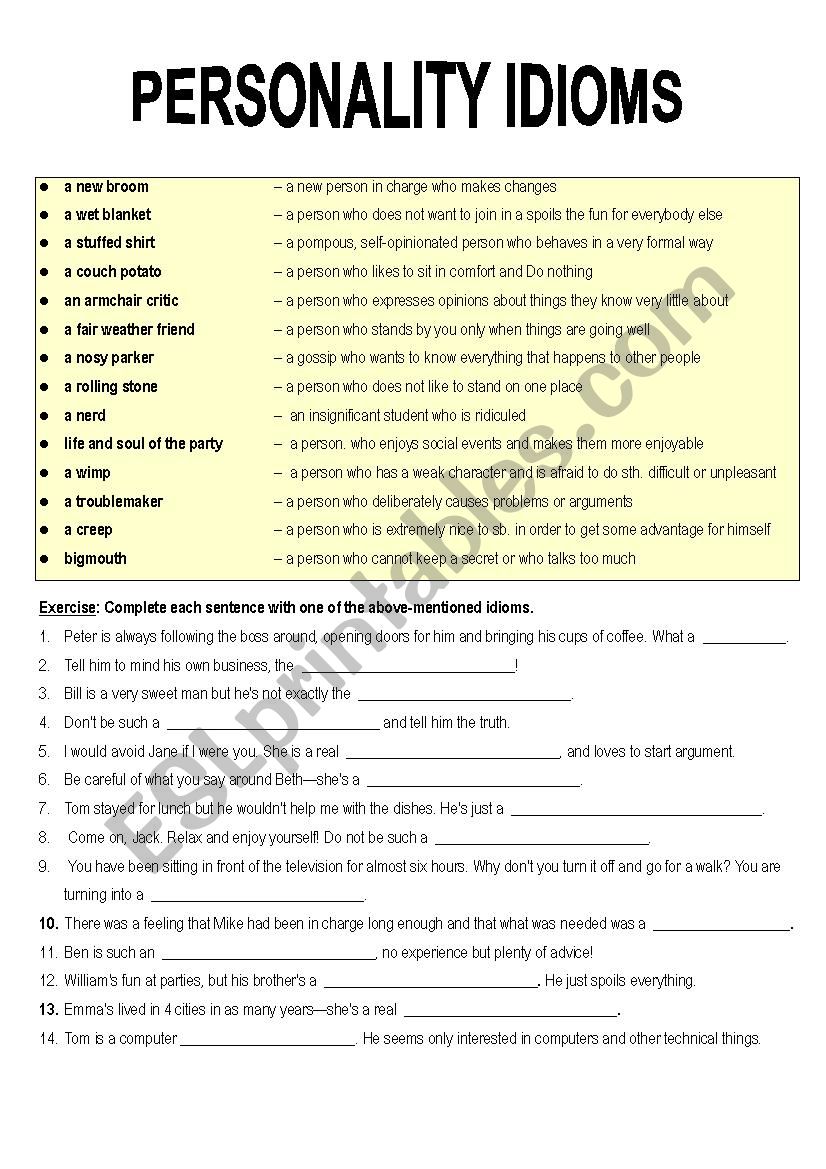 Personality Idioms worksheet