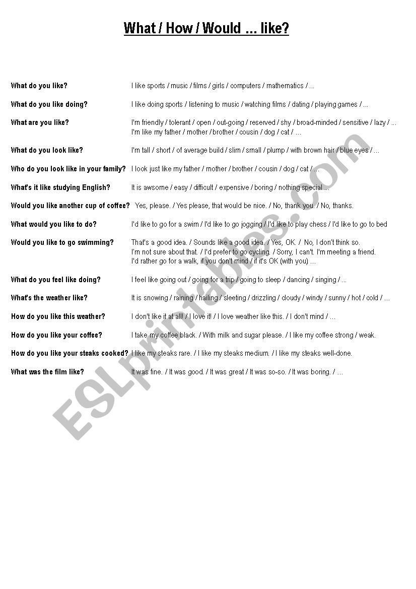 What / How / Would  like? worksheet