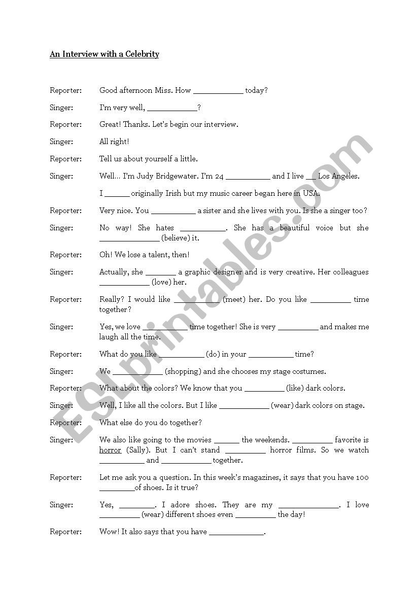 an interview with a celebrity worksheet