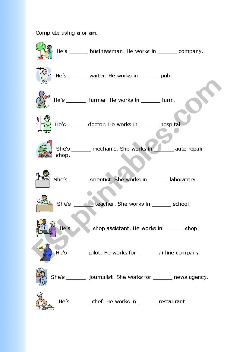 Occupations and workplace, a or an