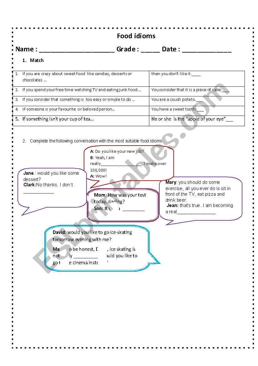 food idioms  worksheet