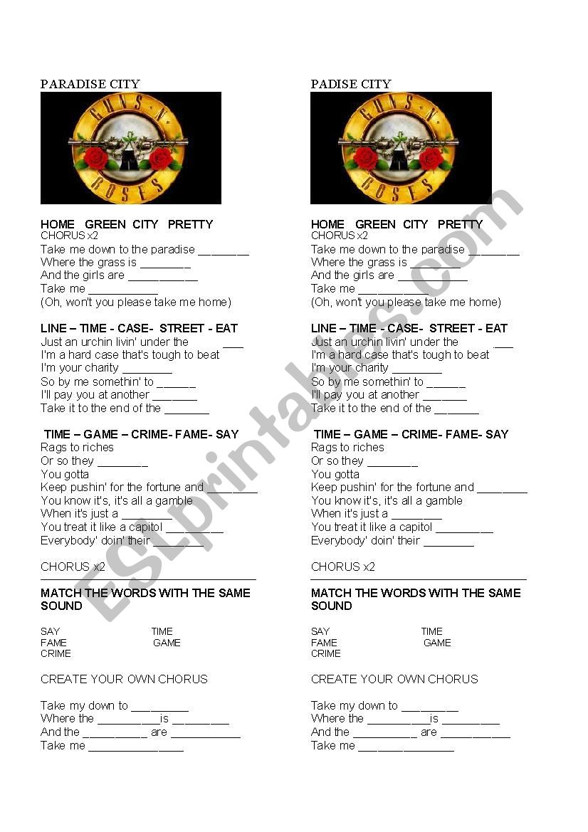 paradice city guns nÂ´ roses worksheet