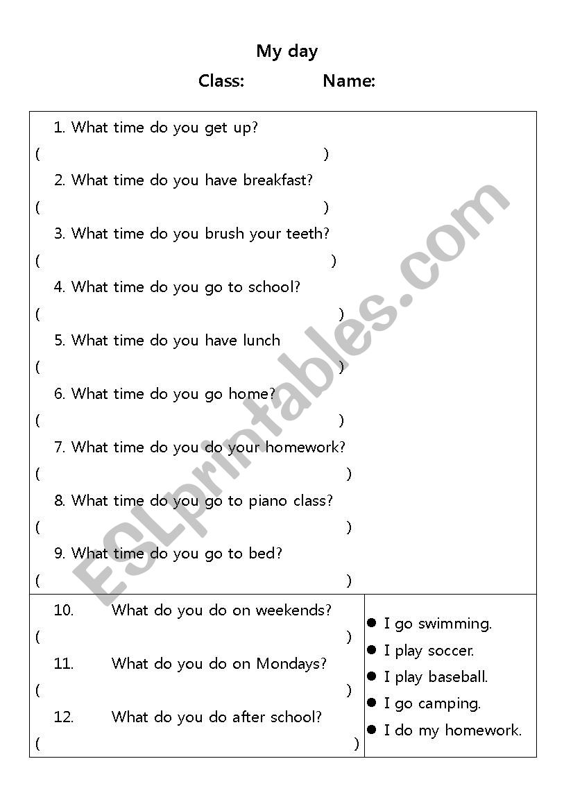 My day worksheet