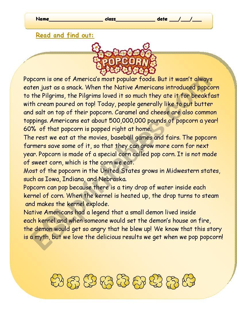 Popcorn-read and find out worksheet