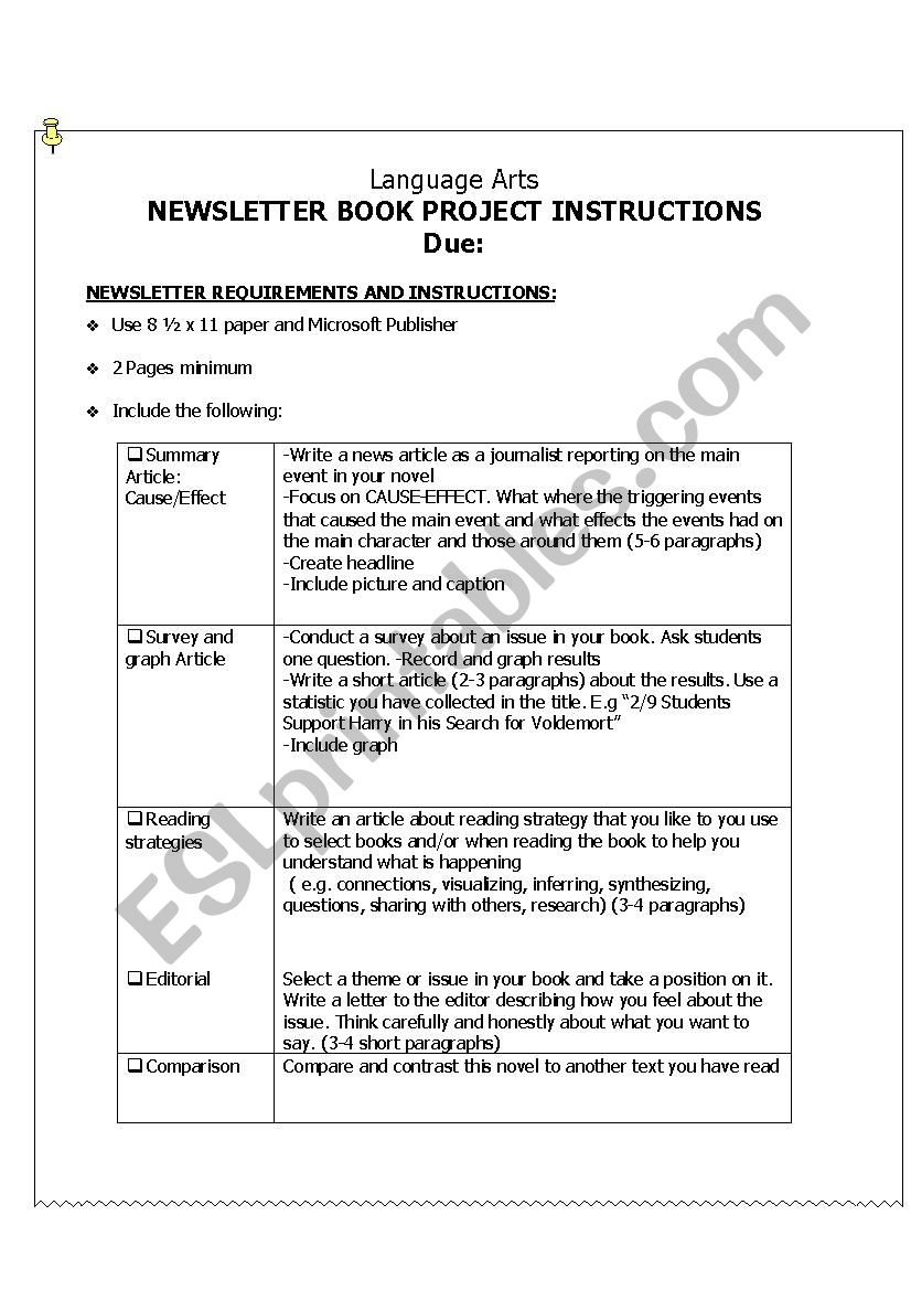 Newsletter Book Report worksheet