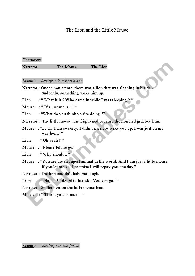 The Lion and the Mouse (Play) worksheet