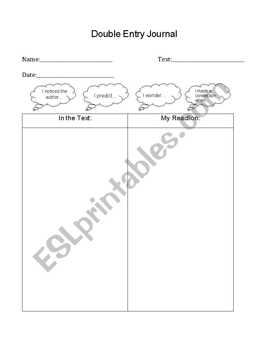 Double Entry Journal: While reading activity for any text!