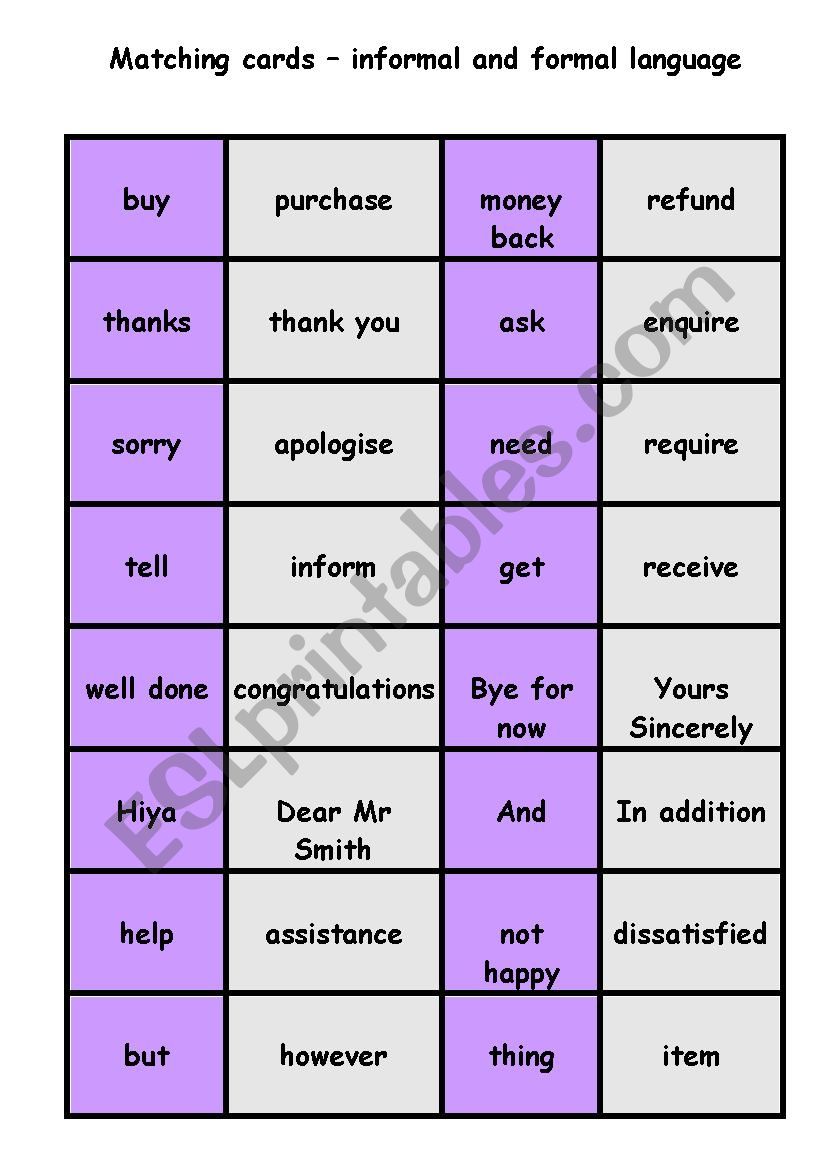 Formal and Informal language matching cards