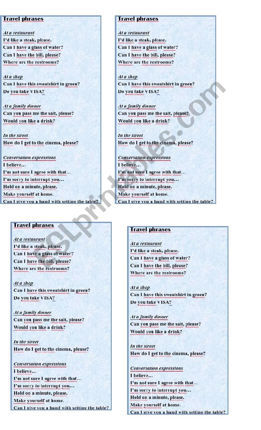 Travel phrases bookmark (divided into situations)