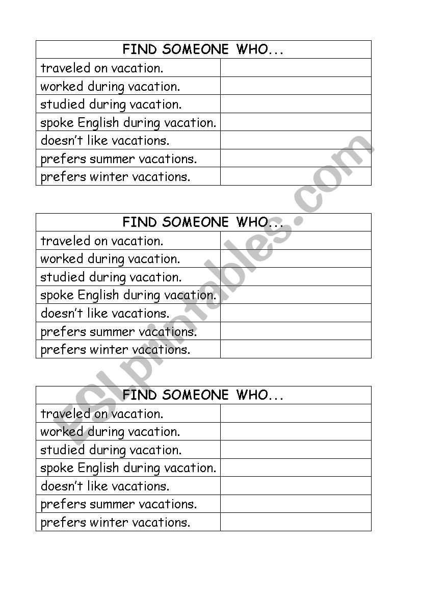 FIND SOMEONE WHO - vacation worksheet