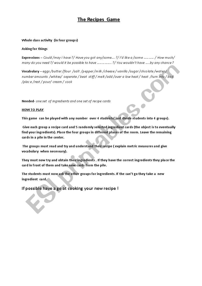 The recipe game worksheet