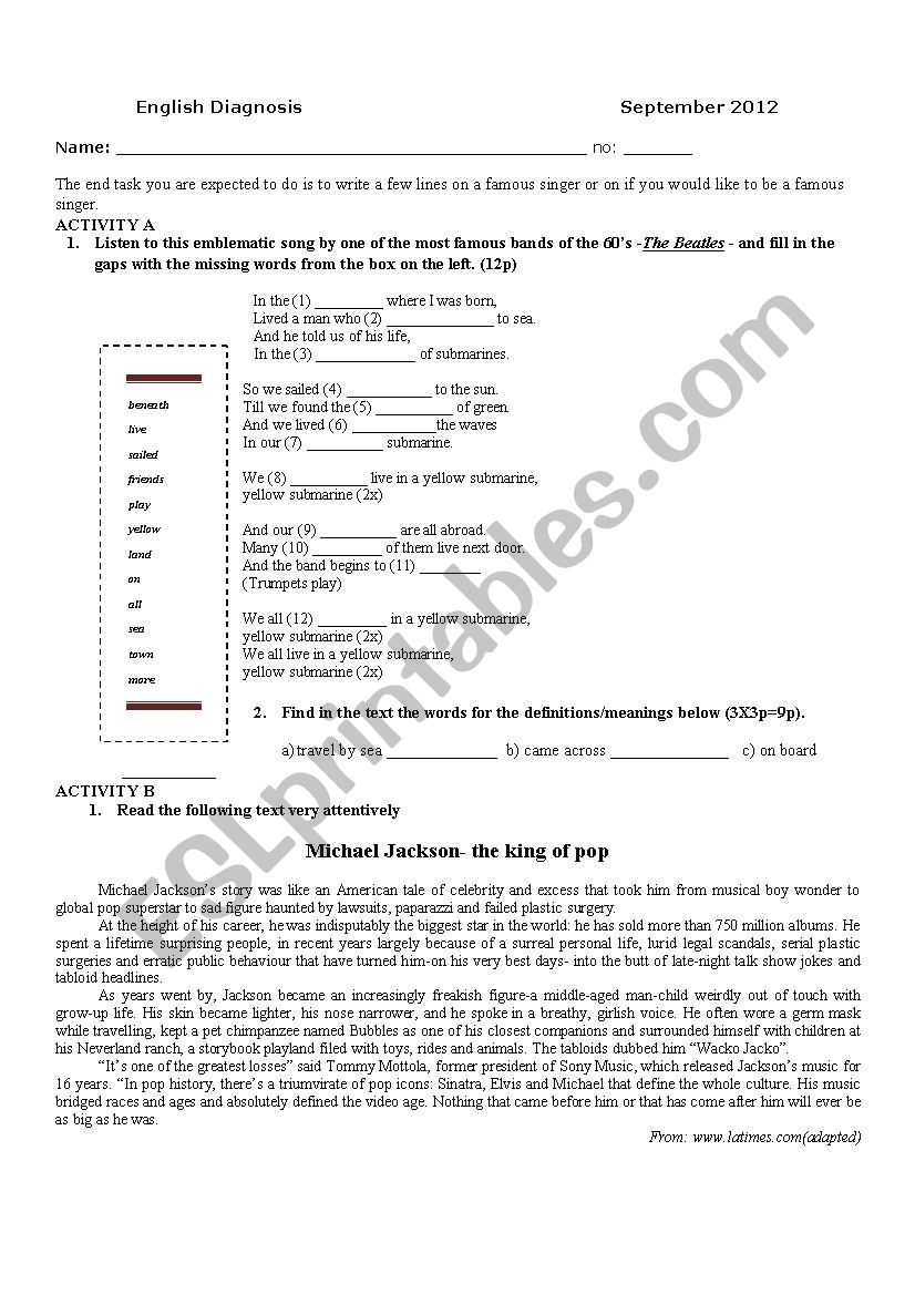 English Diagnosis Test 10th grade