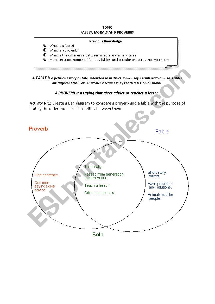 Fables and Proverbs worksheet