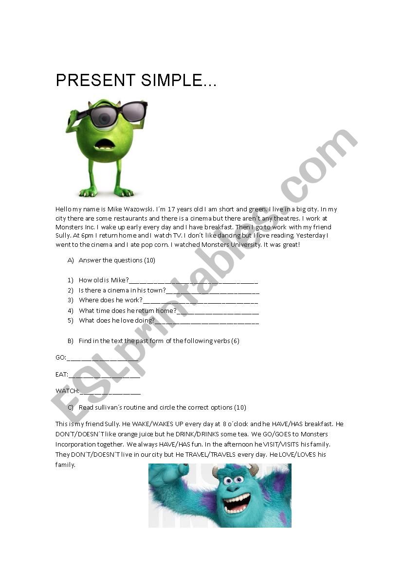 SIMPLE PRESENT MONSTERS INC worksheet