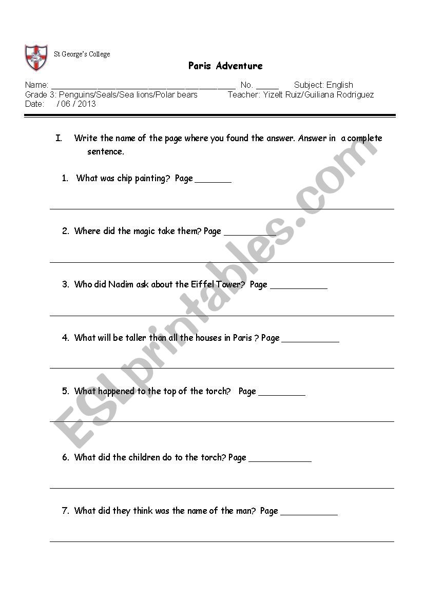 Paris Adventure worksheet