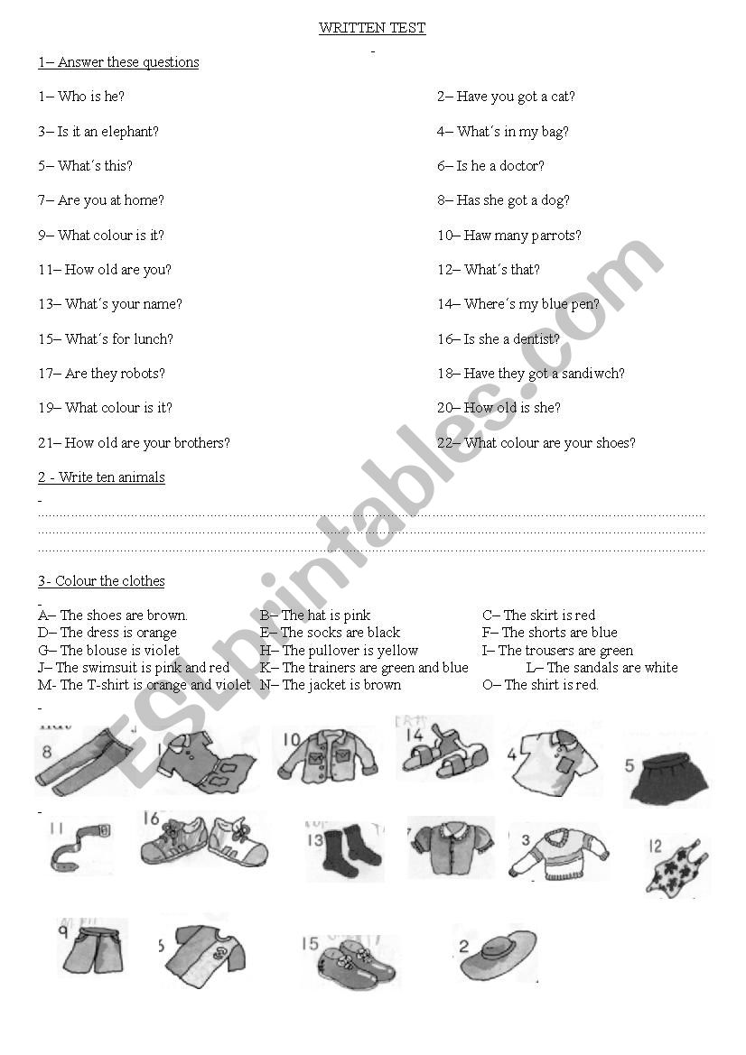 3er grade Test Personal information, Clothes, Have got/ Has got, Verb to be, Simple Present, A/AN, Numbers, Animals