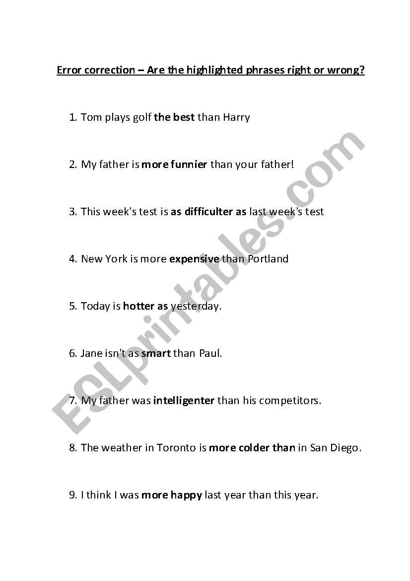 Comparatives exercise worksheet