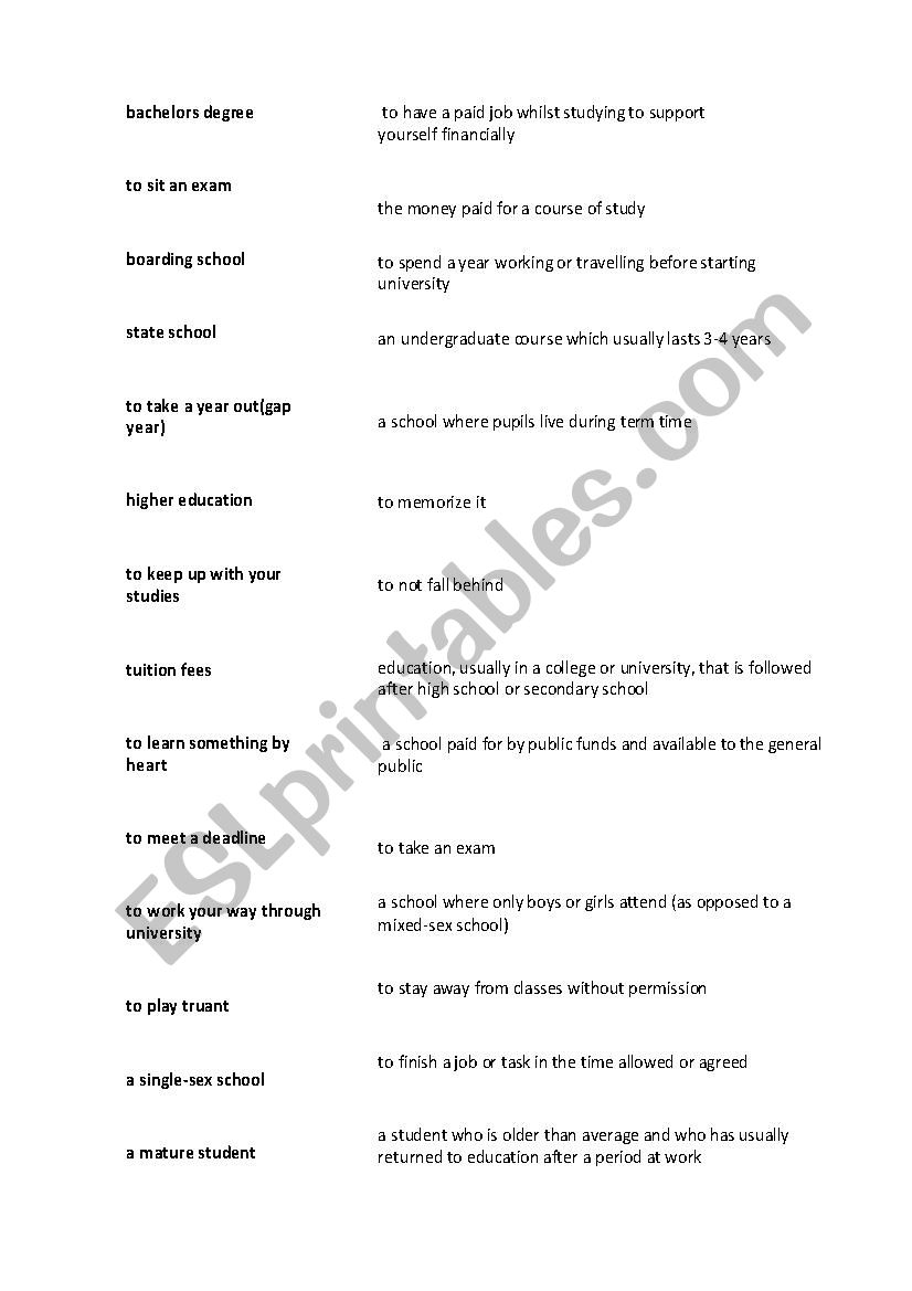 Education vocabulary worksheet