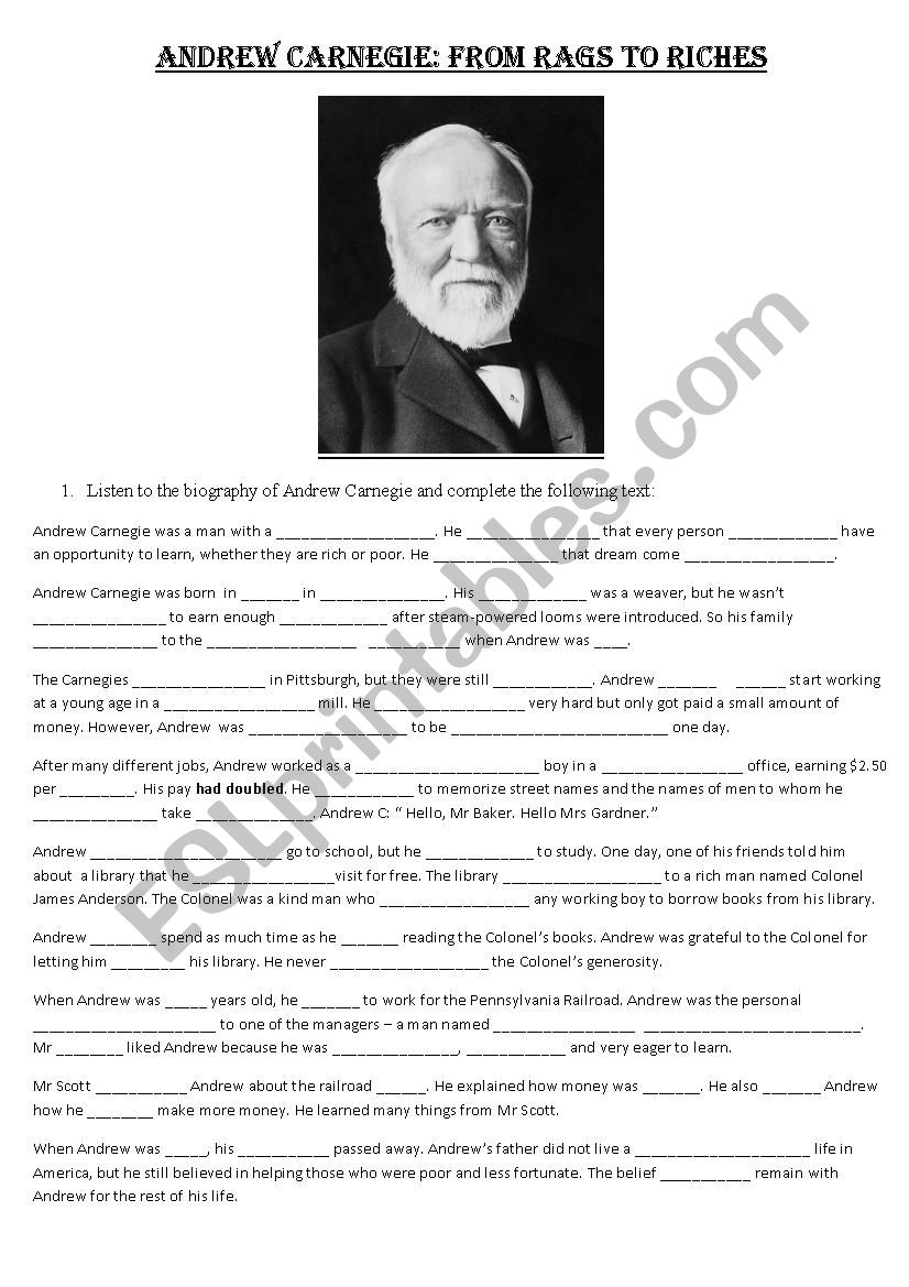 Andrew Carnegie From Rags To Riches An Exmple Of The American Dream Esl Worksheet By Funnyraccoon