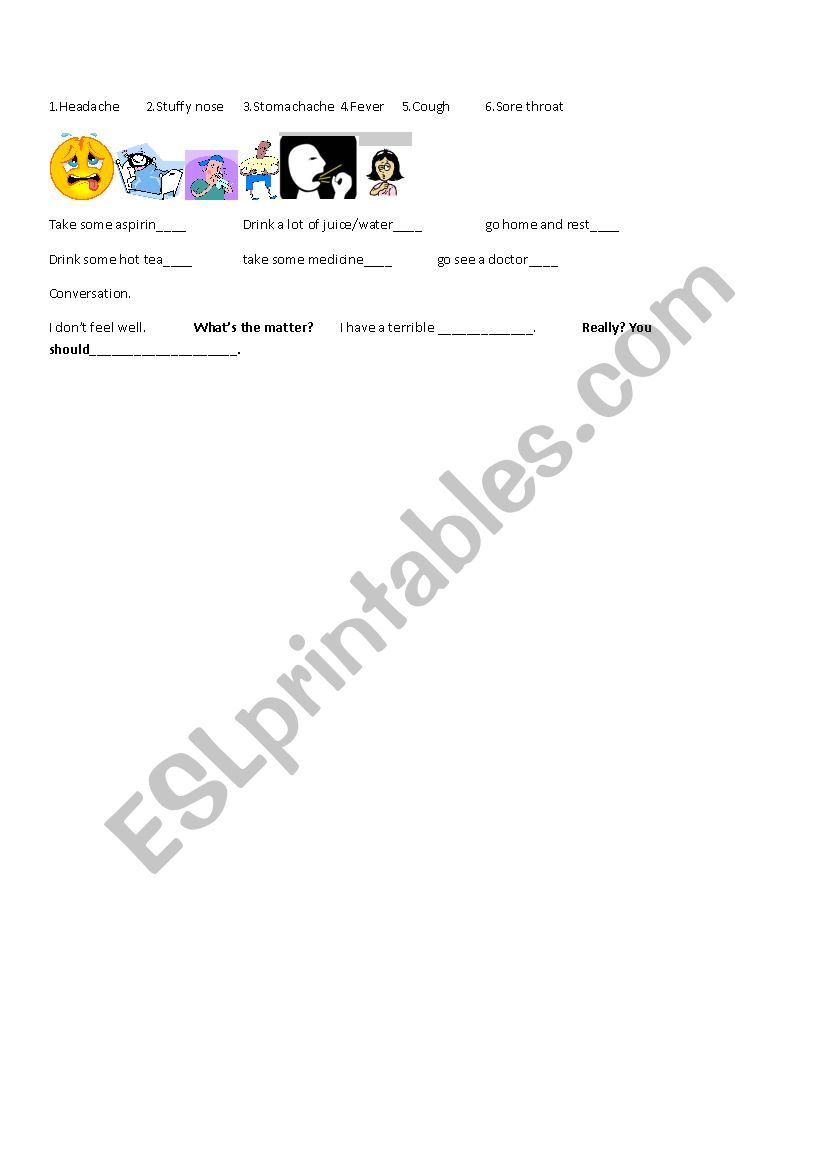 I donÂ´t feel well worksheet and flashcard