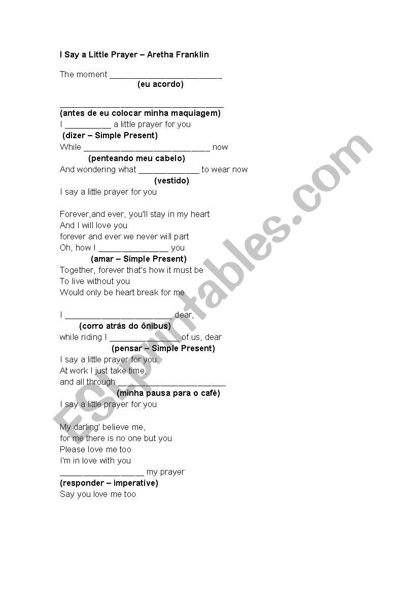 Daily activities song worksheet - I Say a Little Prayer