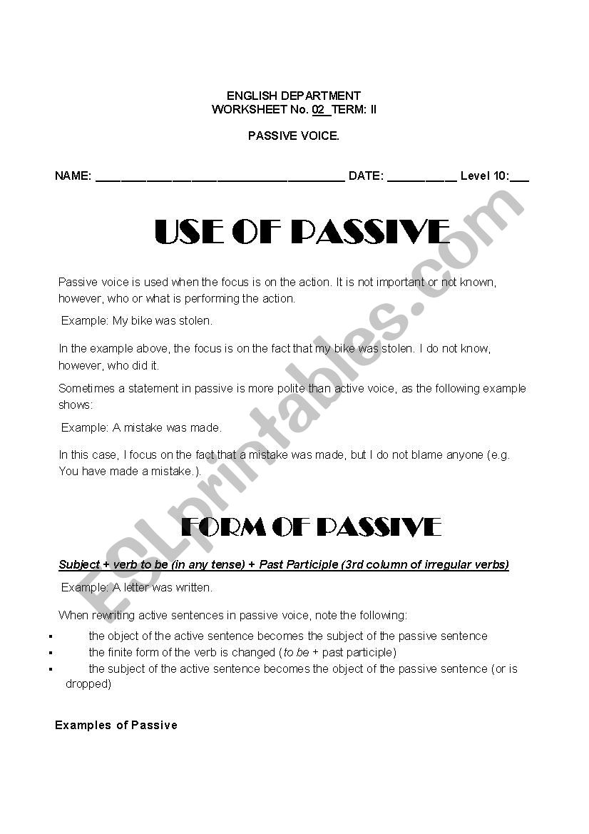 passive worksheet