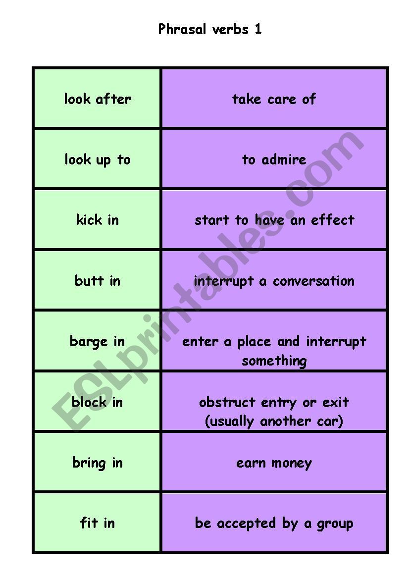 Phrasal verbs matching cards worksheet