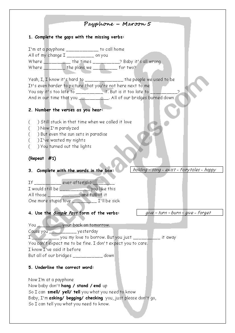 Maroon 5 - Payphone  worksheet
