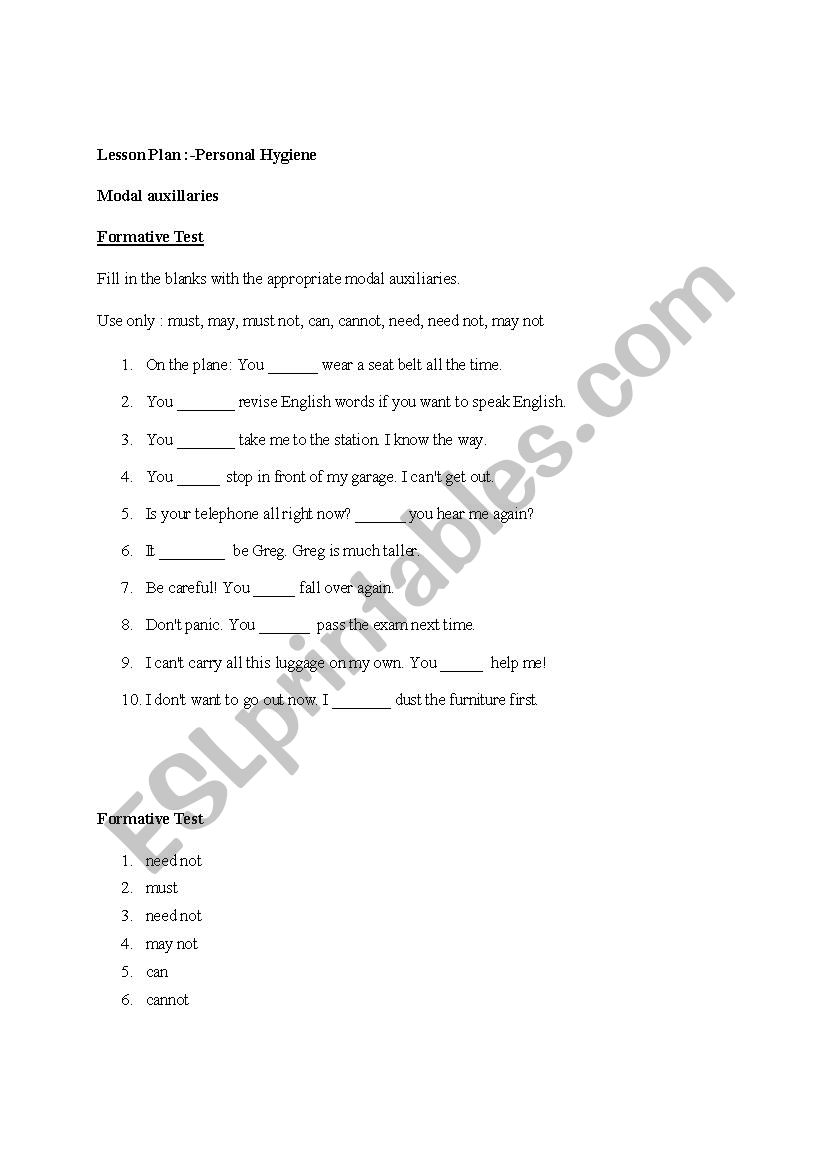 Personal Hygiene worksheet