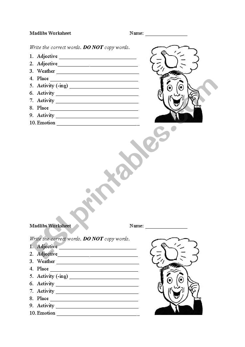 Madlibs worksheet