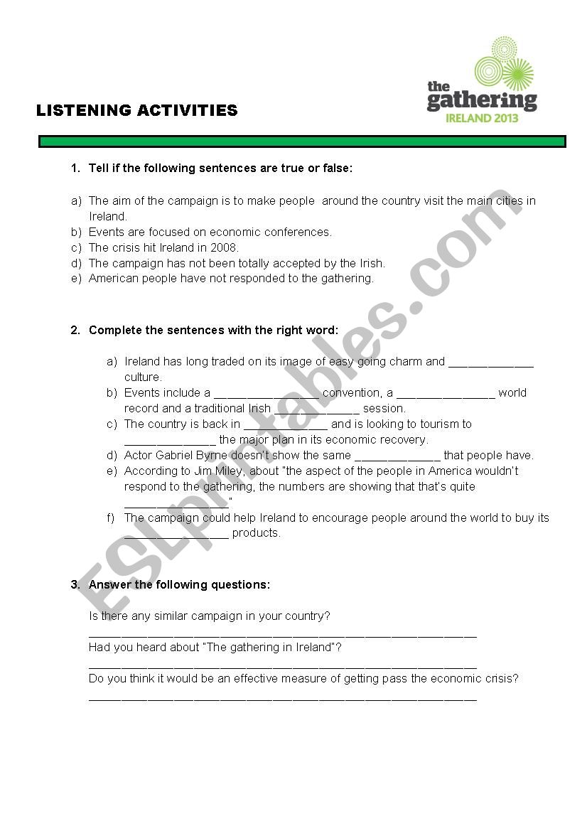THE GATHERING IRELAND. LISTENING ACTIVITY.