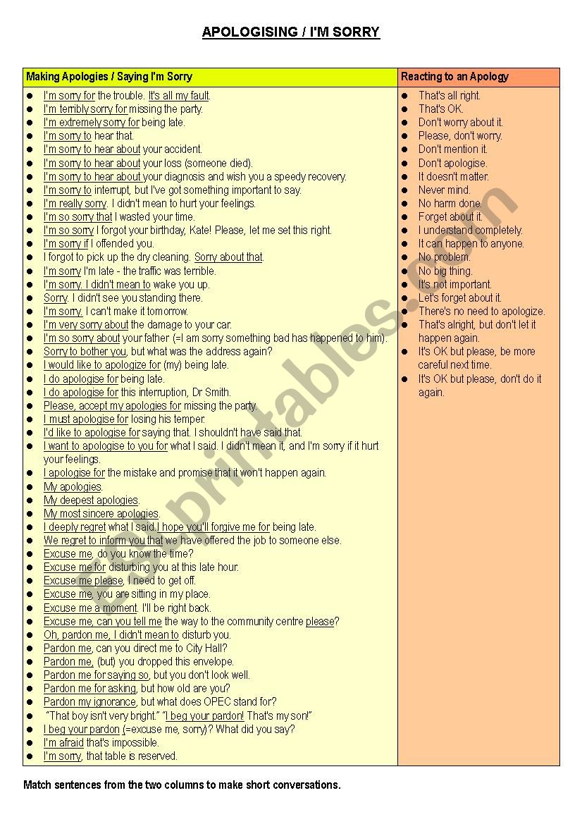 APOLOGISING / IM SORRY worksheet