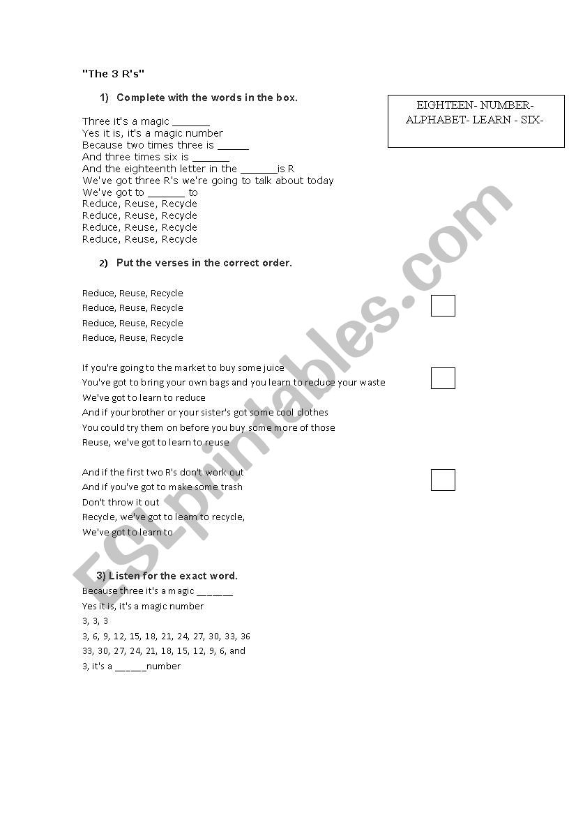  3 Rs from Jack Johnson worksheet