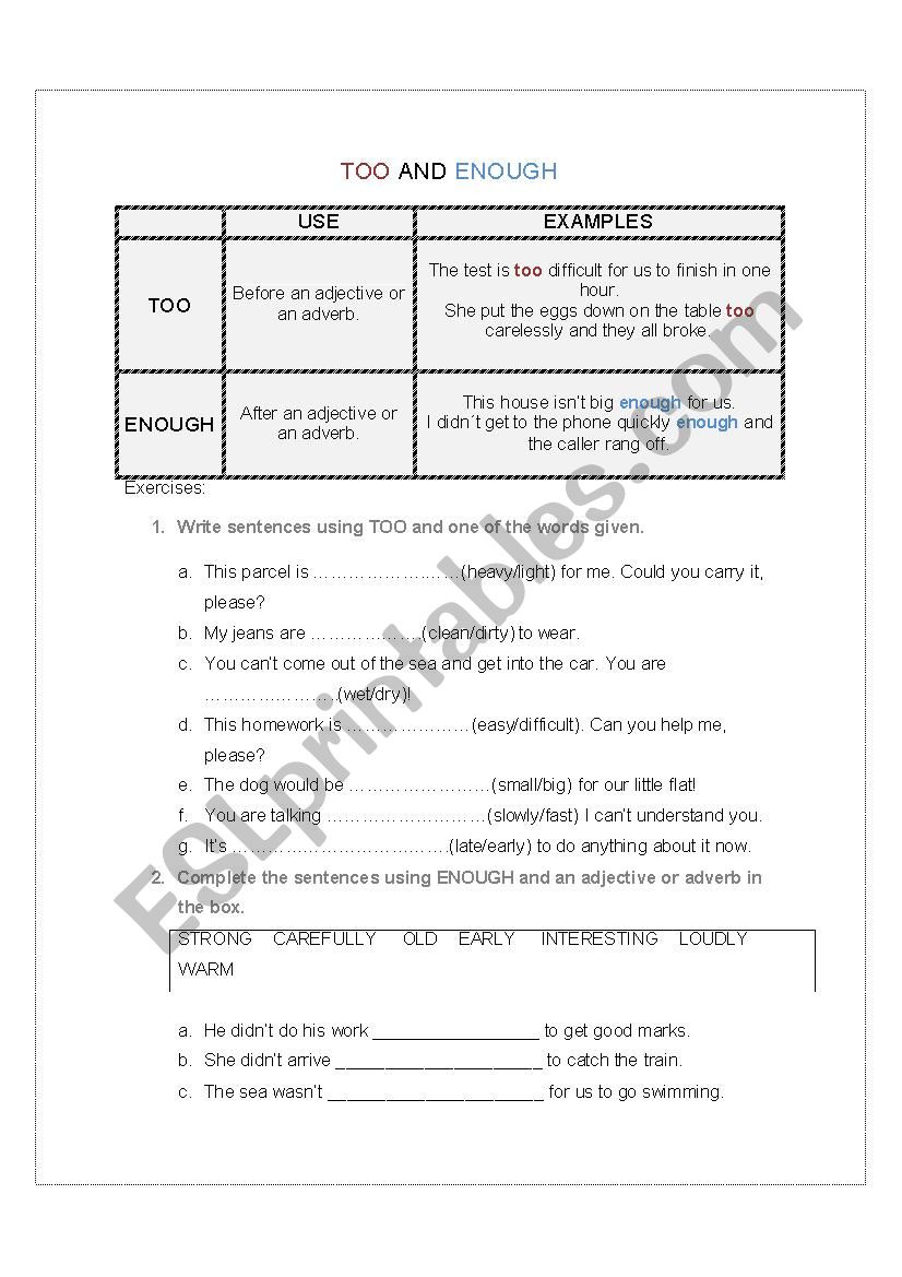 TOO OR ENOUGH?   worksheet