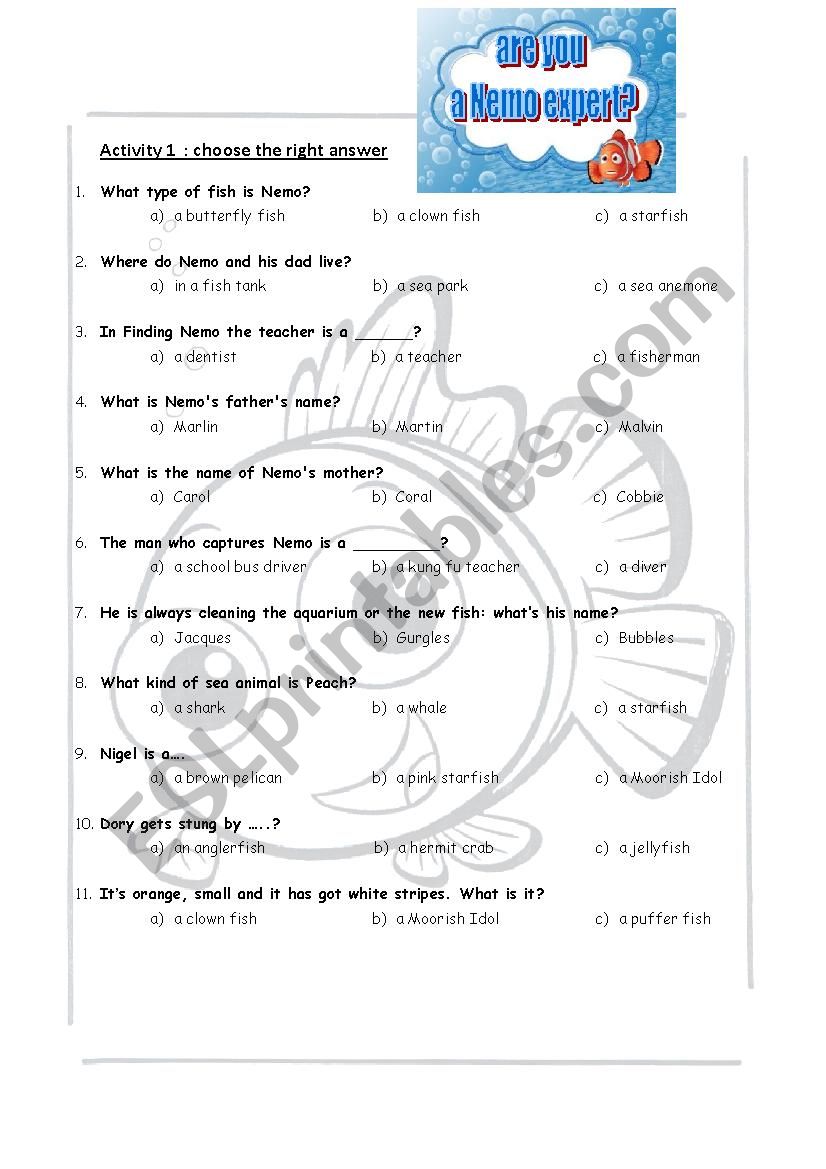 finding nemo : follow-up work worksheet