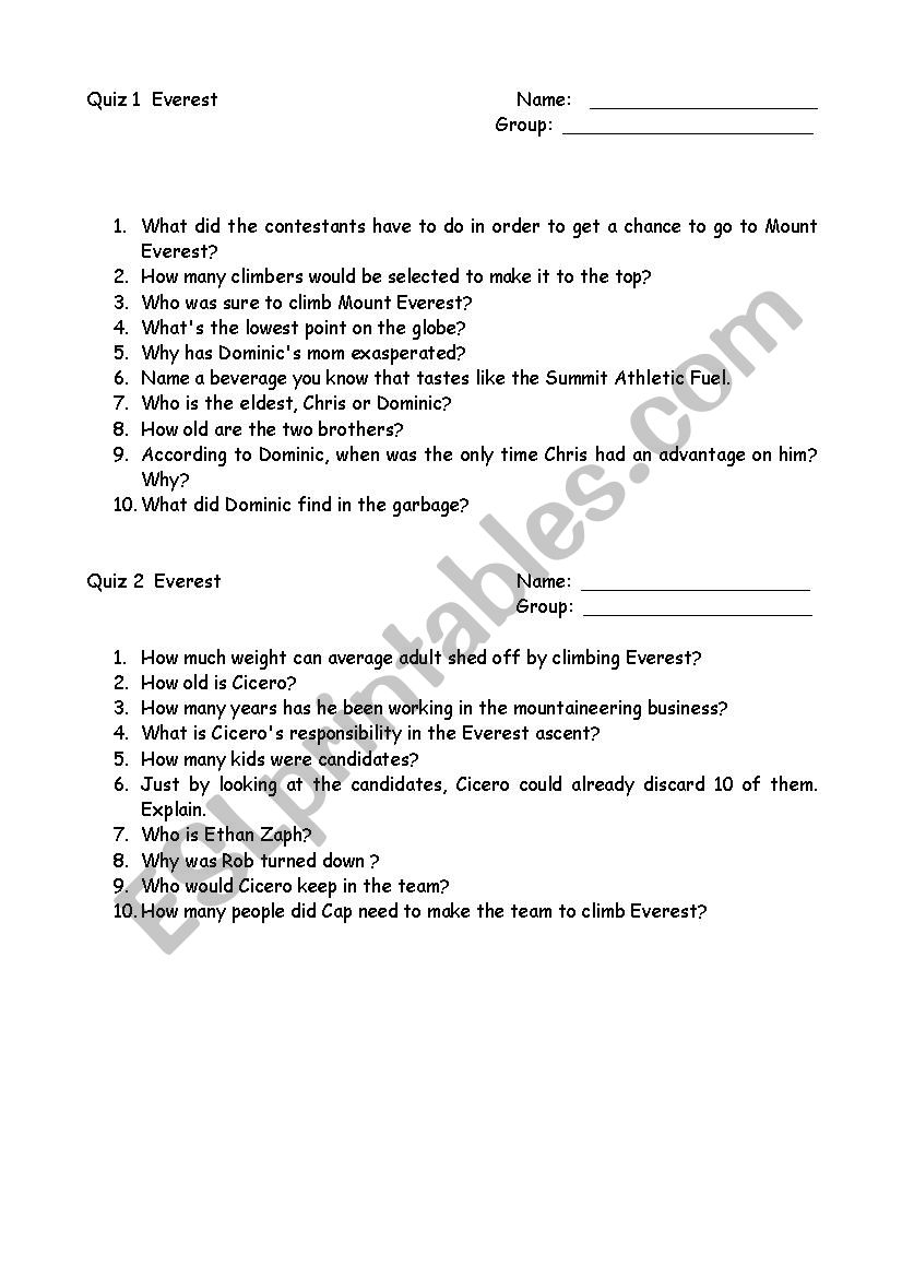 Everest ( novel) worksheet