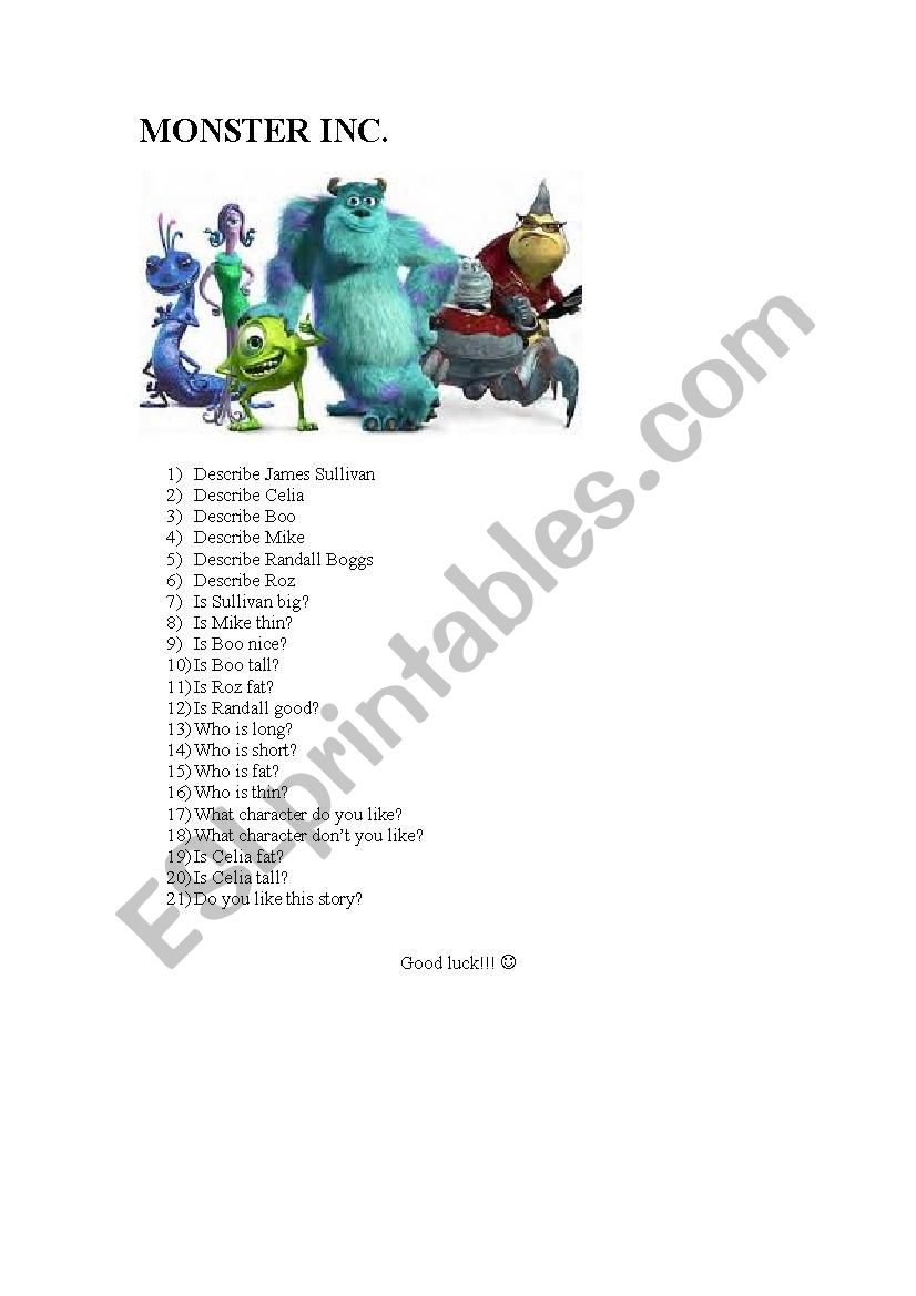 MONSTER INC. 1 ELEMENTARY  worksheet