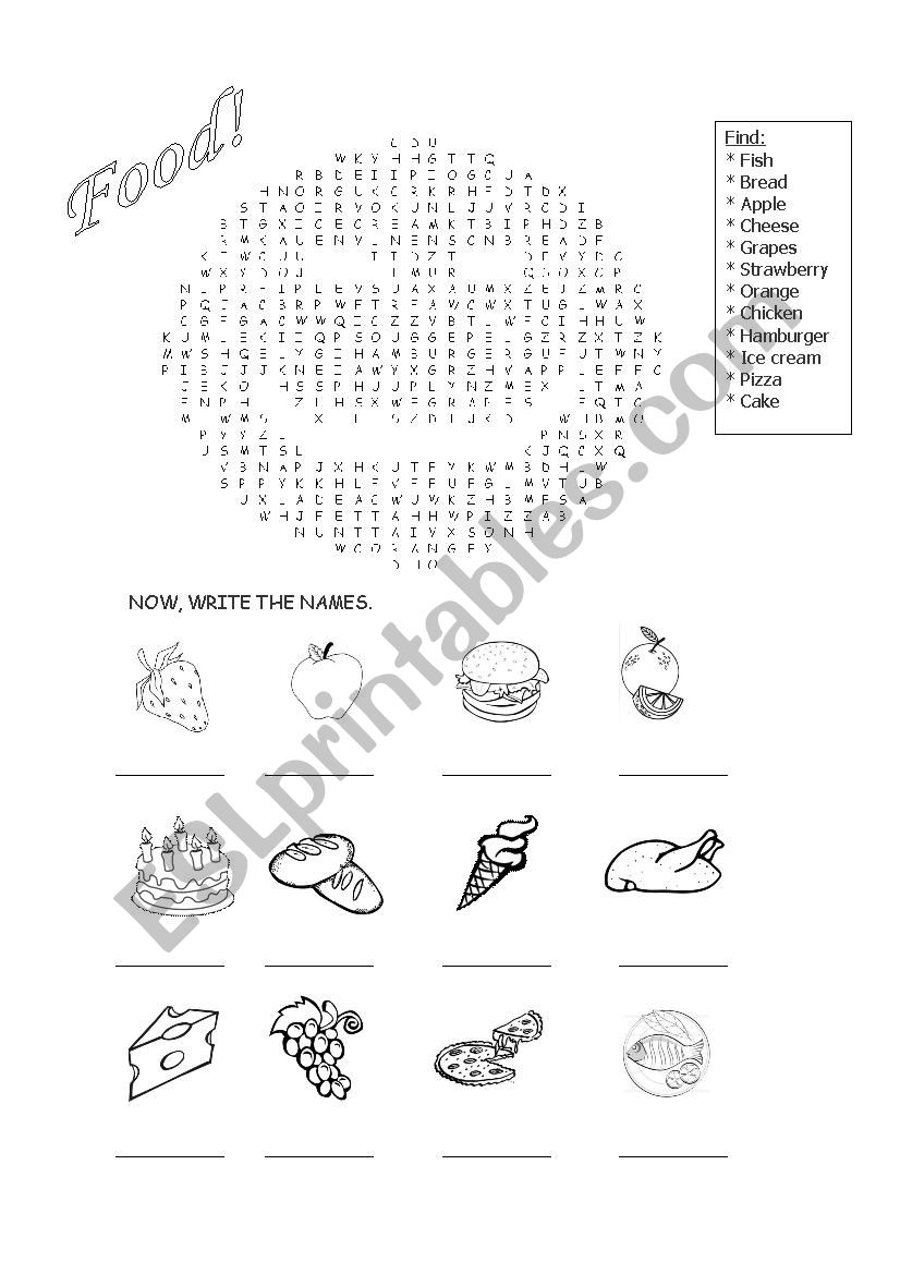 Food wordsearch worksheet