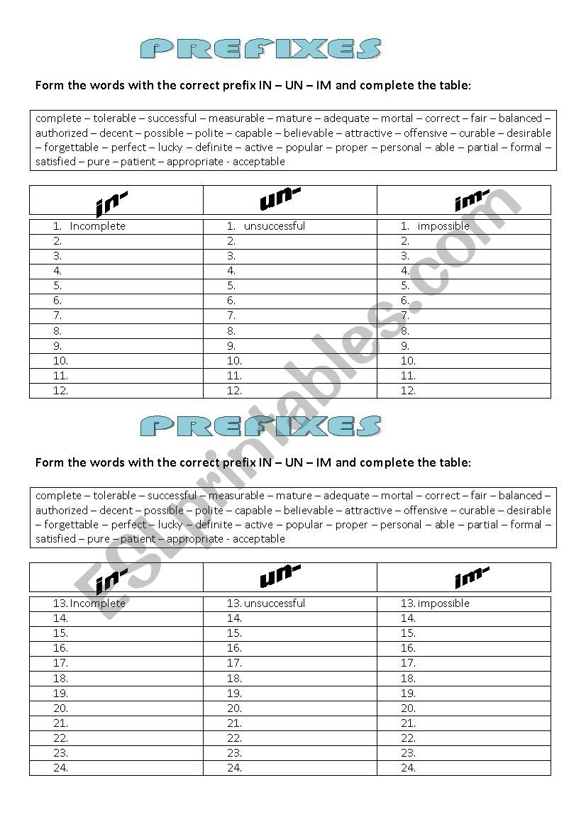 PREFIXES UN - IN - IM worksheet