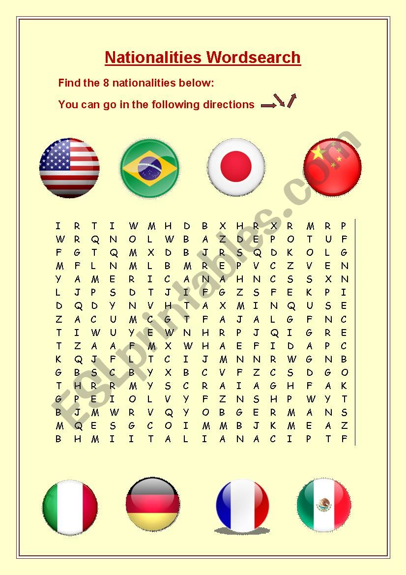 Nationalities  Wordsearch worksheet