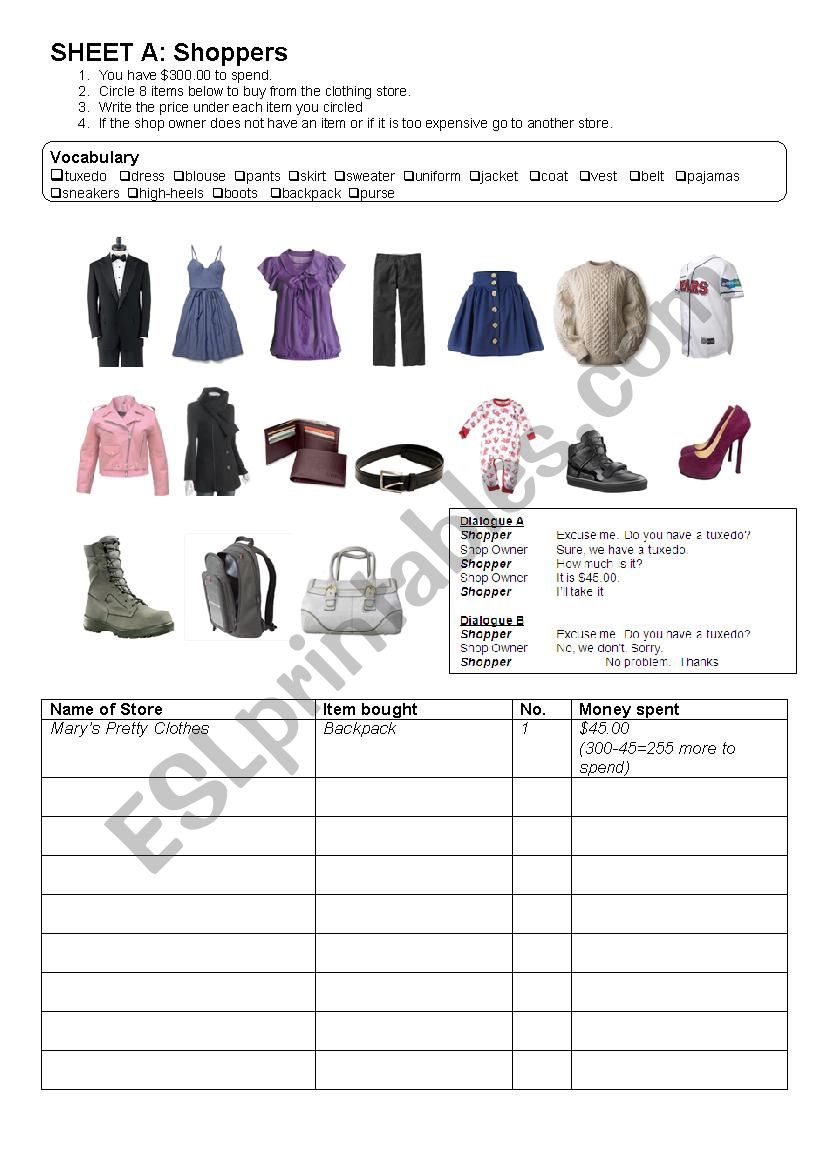 Shopping Group Activity Worksheet A