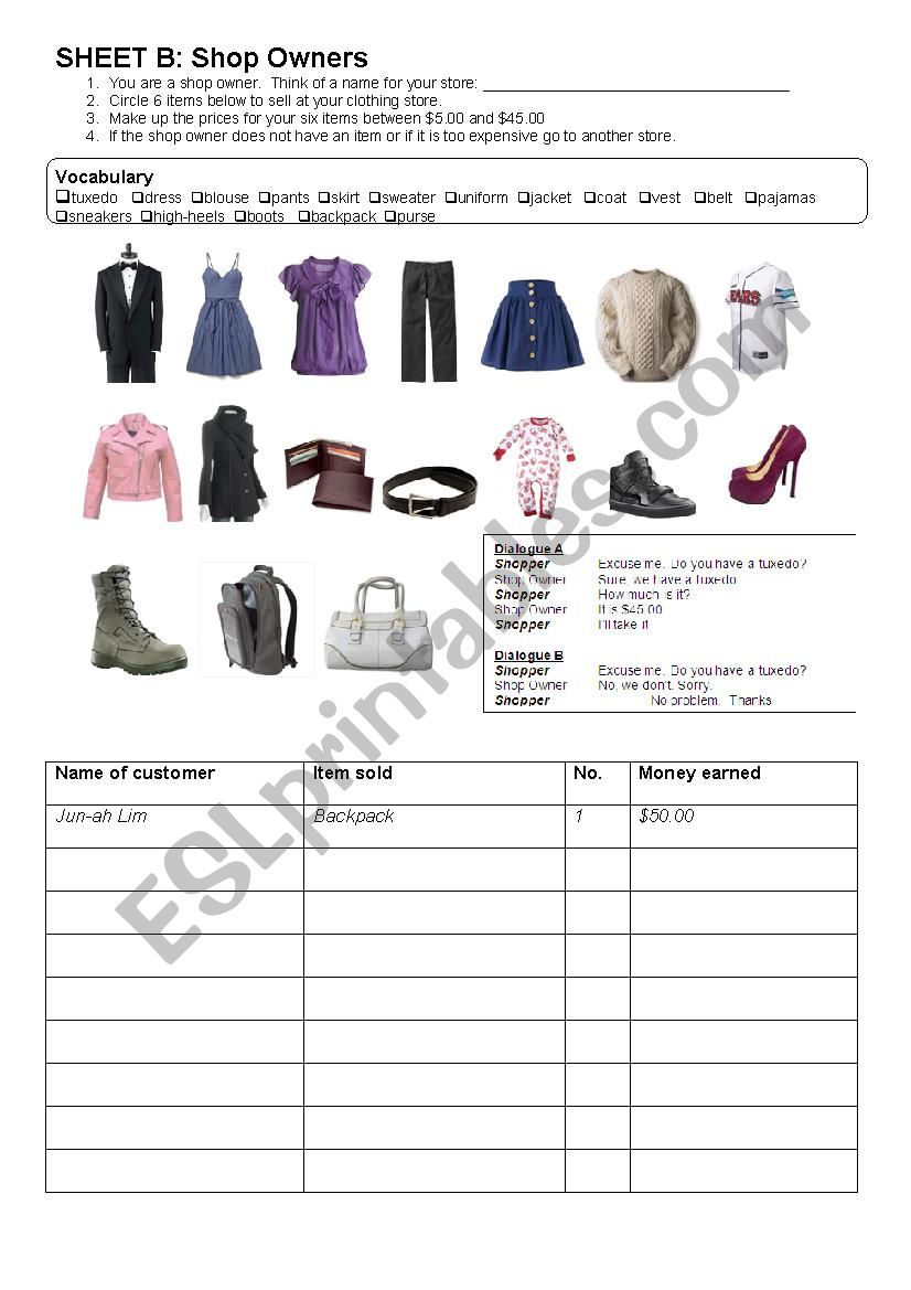 Shopping Group Activity Worksheet B