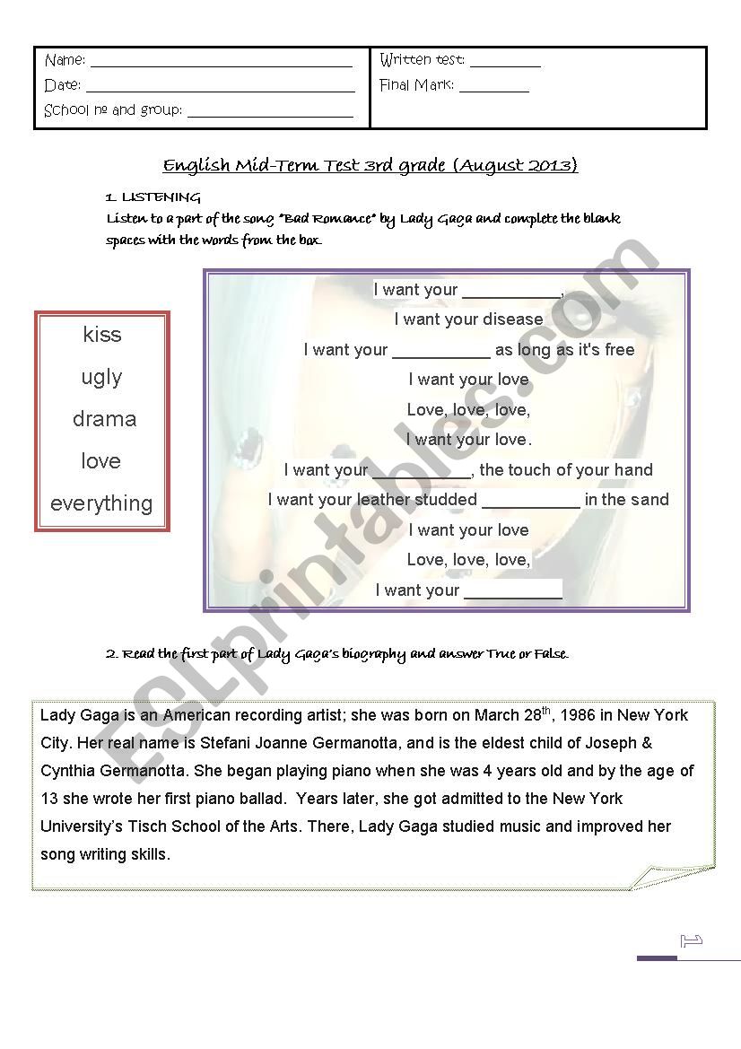 Test about Lady Gaga worksheet
