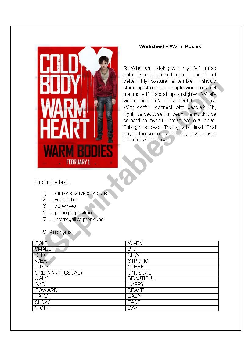 Warm Bodies Movie Worksheet worksheet