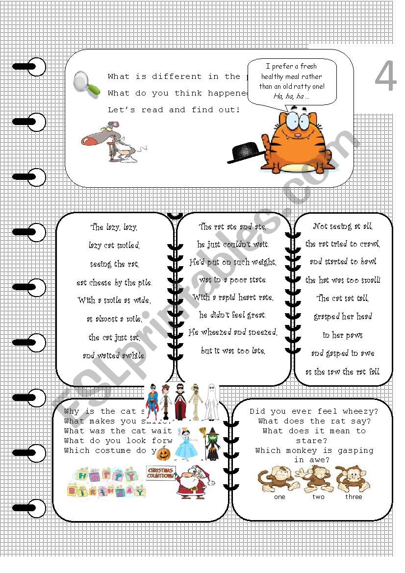 Book with activities for elementary: p.4 of The Lazy cat sat