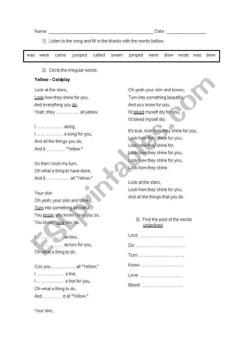 Yellow by coldplay worksheet