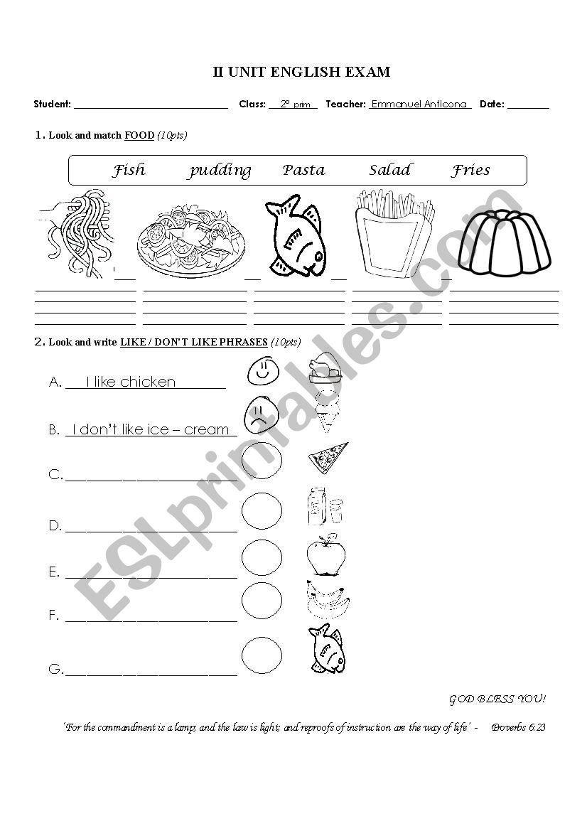 2nd primary English exam worksheet